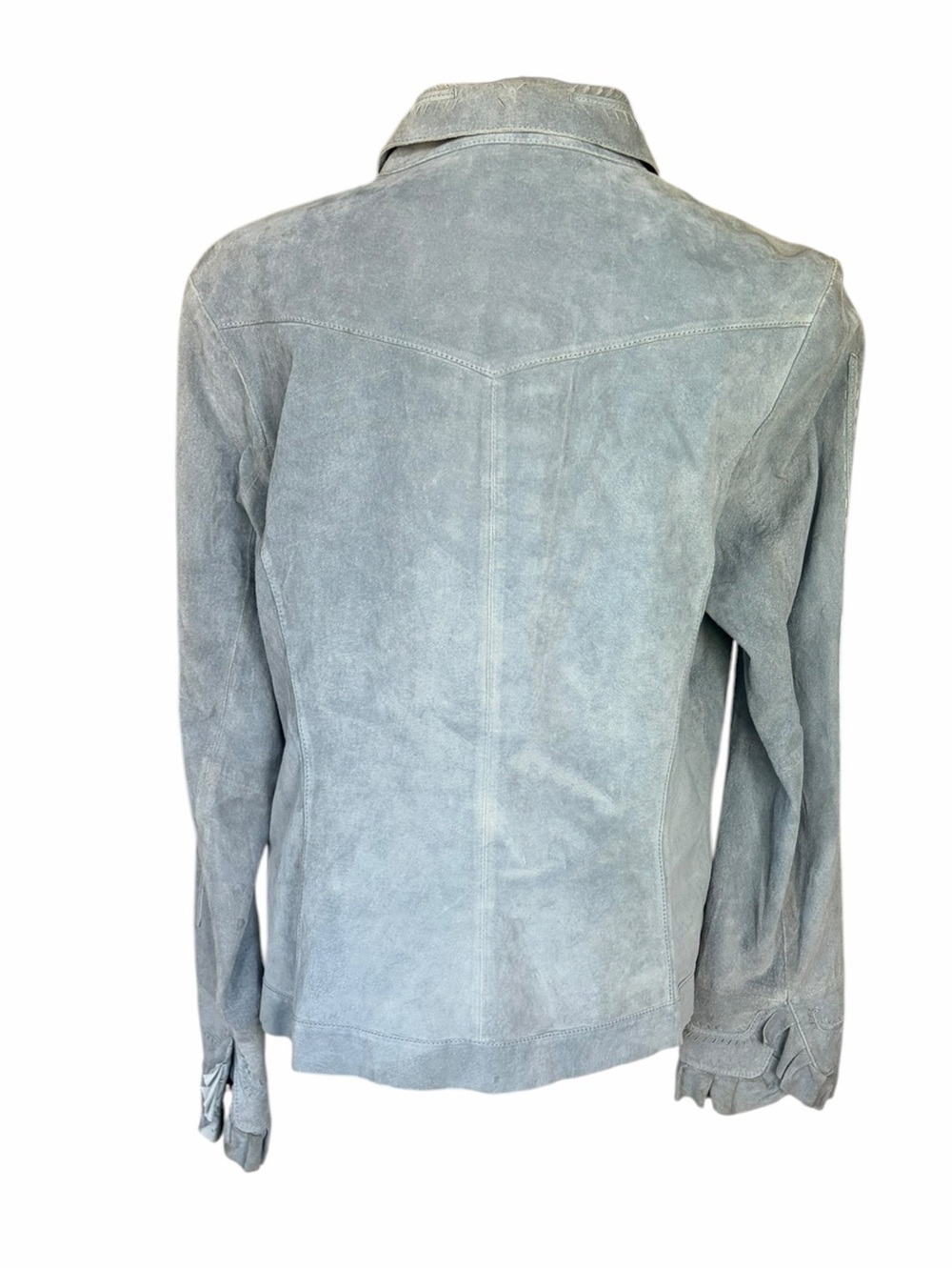Light Blue Gray Suede Button-Front Jacket with Ruffle Trim - Picture 3 of 7